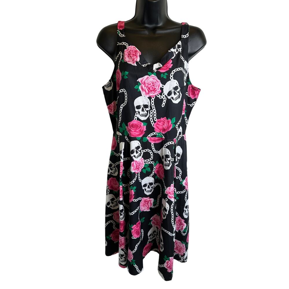 Tropian Rose Skull Skater Dress Whimsygoth Dark Fairy Rockabilly Sleeveless LG